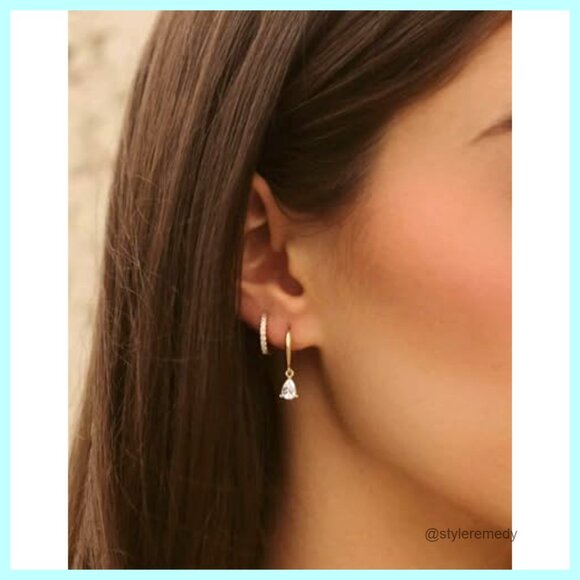 14K Gold Plated Hoop Earrings, Hypoallergenic, Dainty Drop Huggie, Birthstone - Picture 3 of 7